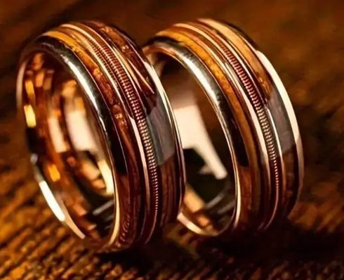 Men 8mm Tungsten Guitar String Whisky Barrel Wood Inlay Engagement Wedding Band